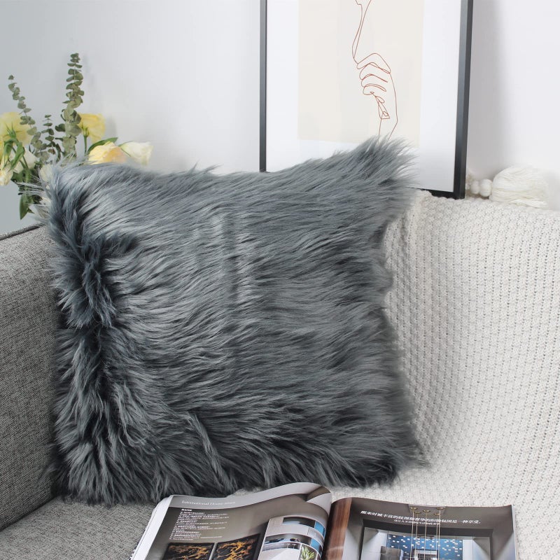 OYIMUA Fluffy Decorative Throw Pillow Covers 18x18, Faux Fur Farmhouse Luxury Pillow Cases,Soft Plush Fuzzy Dark Gray Cushion Covers for Sofa Couch Living Room Bedroom Set of 2 - Image 5