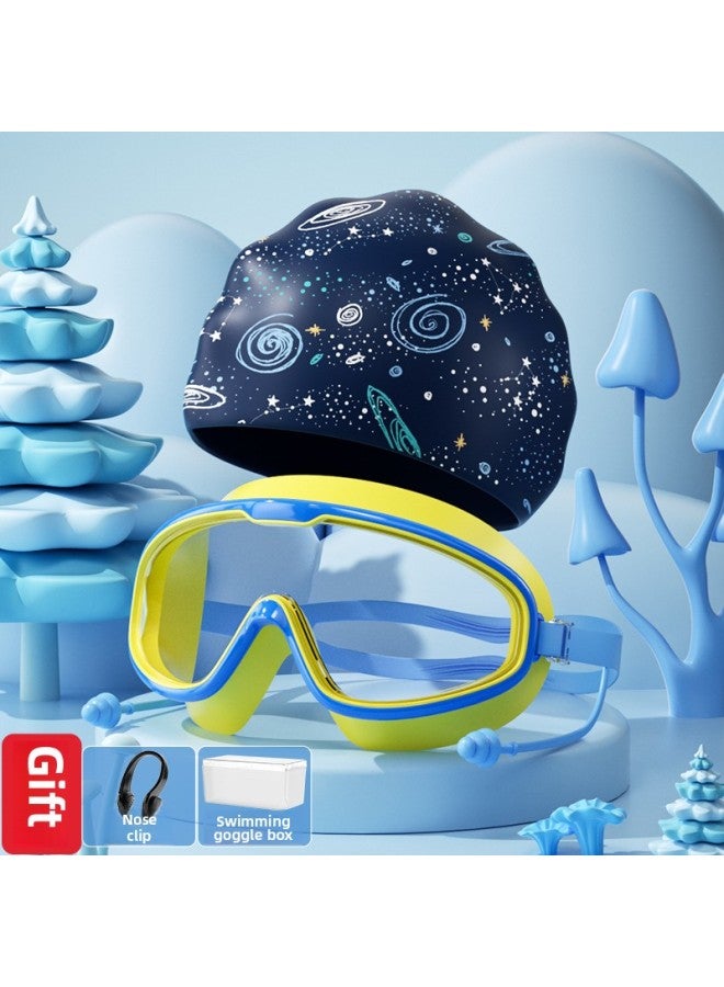 Swimming Goggles Waterproof Anti-Fog High Definition Myopia Depart Male And Female Professional Big Frame Swimming Glasses Goggles Swimming Cap Suit-Color:Children's Model - Blue And Yellow + Starry Sky Swimming Cap - Flat Light