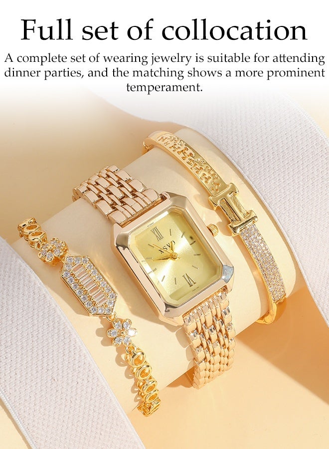 DUNISO 3 Pieces Women Gold Watch Bracelets Set, Stainless Steel Gold Plated Square Wristwatch with Diamond Bangle Bracelet, Watch Jewelry Set for Women - Image 4