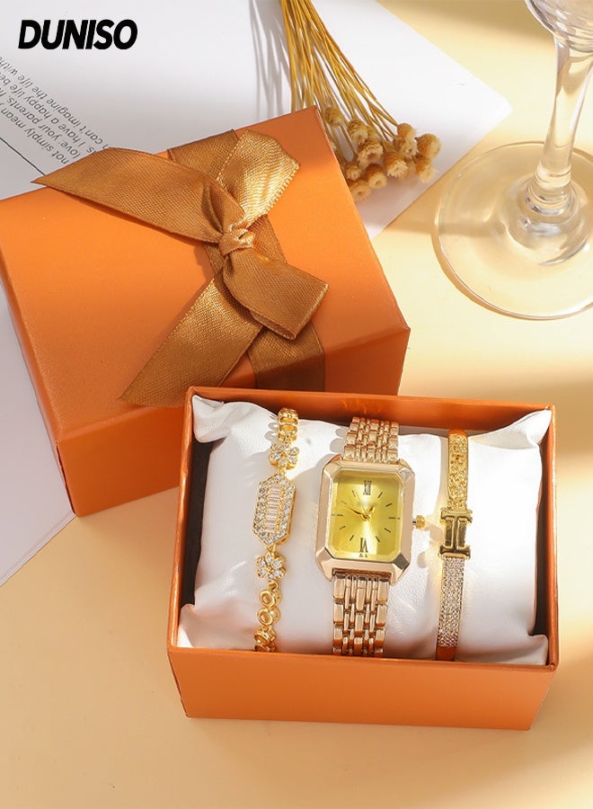 DUNISO 3 Pieces Women Gold Watch Bracelets Set, Stainless Steel Gold Plated Square Wristwatch with Diamond Bangle Bracelet, Watch Jewelry Set for Women - Image 1