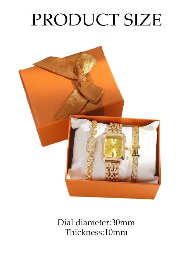 DUNISO 3 Pieces Women Gold Watch Bracelets Set, Stainless Steel Gold Plated Square Wristwatch with Diamond Bangle Bracelet, Watch Jewelry Set for Women - Image 2