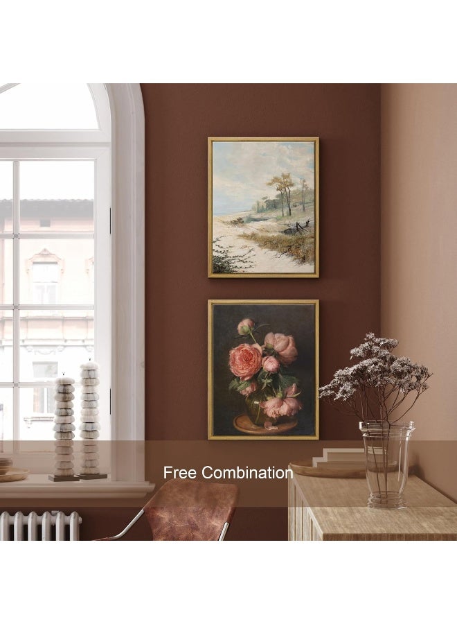 Pyradecor Large Vintage Canvas Wall Art Retro Natural Wood Framed Home Decor Pfingstrosen Canvas Prints Classical Floral Painting Artwork for Living Room Bedroom Office Decorations - Image 5