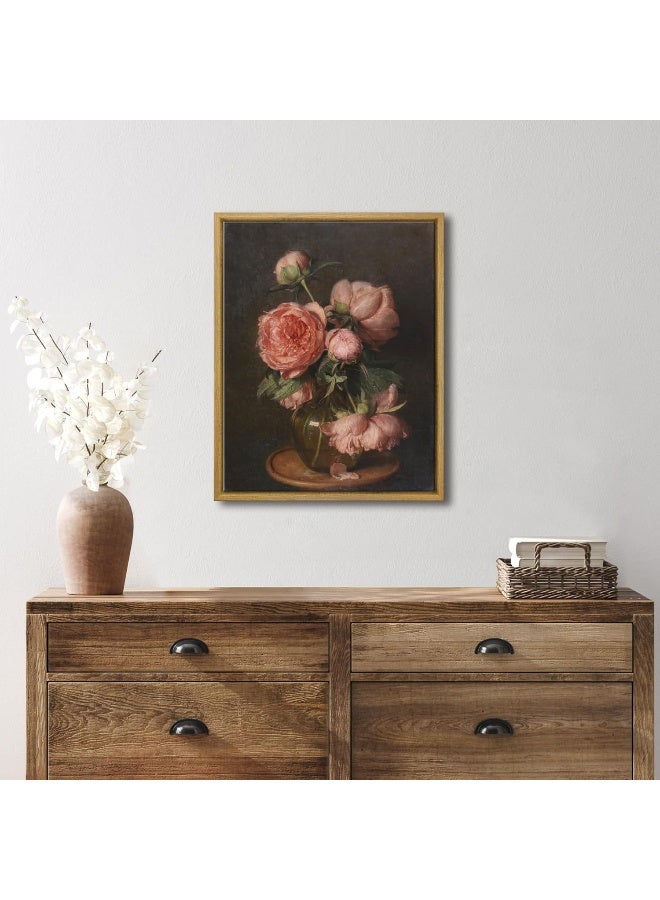 Pyradecor Large Vintage Canvas Wall Art Retro Natural Wood Framed Home Decor Pfingstrosen Canvas Prints Classical Floral Painting Artwork for Living Room Bedroom Office Decorations - Image 2