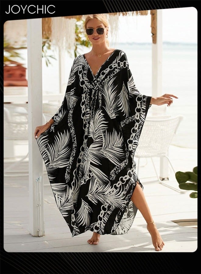 Joychic غطاء شاطئي طويل للنساء بنمط أوراق، بأكمام متوسطة، على شكل V، فضفاض، غير ضار بالبشرة، قابل للتنفس، صيفي - Image 1