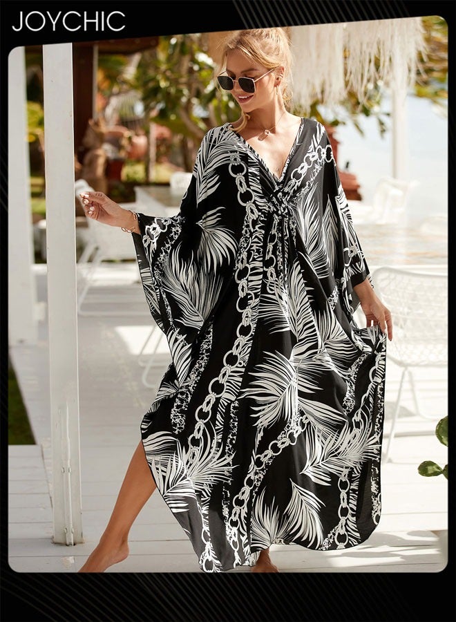 Joychic غطاء شاطئي طويل للنساء بنمط أوراق، بأكمام متوسطة، على شكل V، فضفاض، غير ضار بالبشرة، قابل للتنفس، صيفي - Image 2