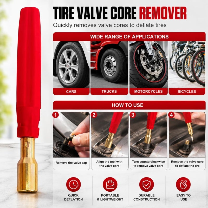 LIMOS Heavy Duty Tire Valve Core Remover Tool - Professional Brass Tire Deflator with Magnetic Tip - Quick Release Valve Core Wrench for Car, Truck, Bicycle and Motorcycle Tire Repair - Image 2