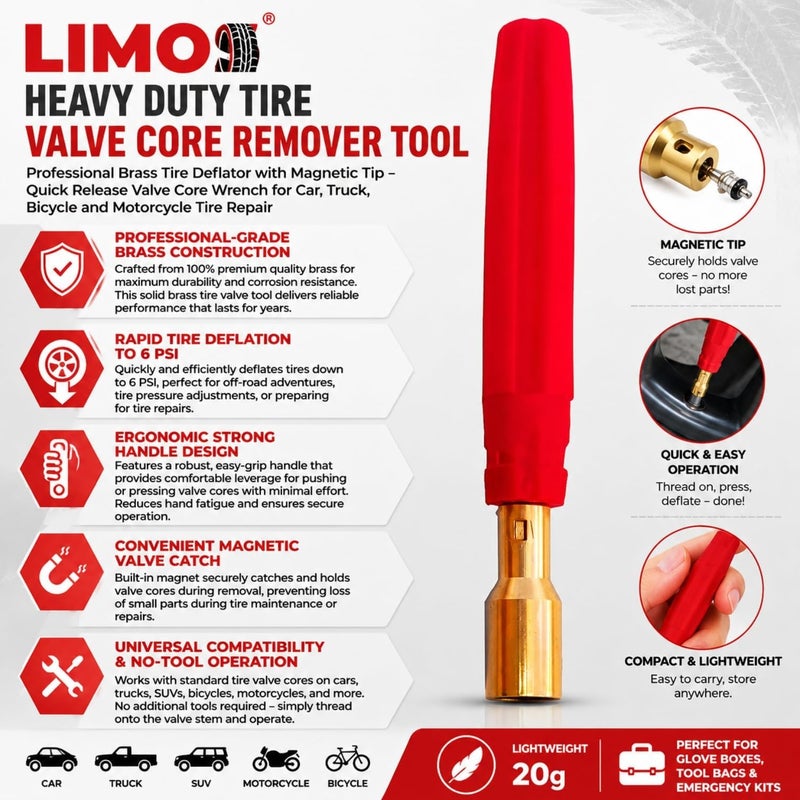 LIMOS Heavy Duty Tire Valve Core Remover Tool - Professional Brass Tire Deflator with Magnetic Tip - Quick Release Valve Core Wrench for Car, Truck, Bicycle and Motorcycle Tire Repair - Image 1