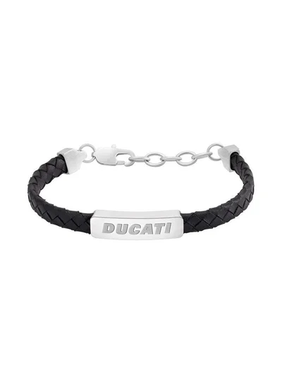 Ducati Tensione Silver Stainless Steel Black Braided Leather Bracelet for Men 190mm