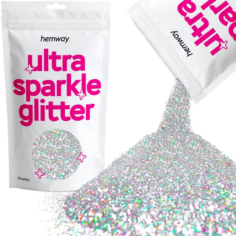 Hemway Premium Ultra Sparkle Glitter Multi Purpose Metallic Flake for Arts Crafts Nails Cosmetics Resin Festival Face Hair - Silver Holographic - Chunky (1/40" 0.025" 0.6mm) 100g / 3.5oz