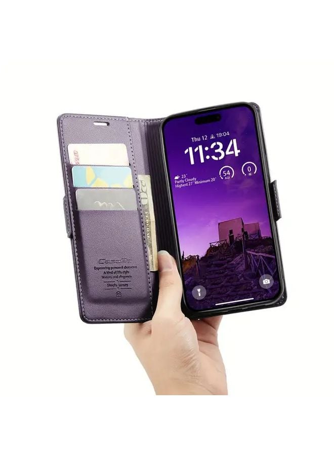 Purple RFID Blocking Leather Wallet Case For IPhone 14 Pro Max With Card Holder Kickstand - Image 2