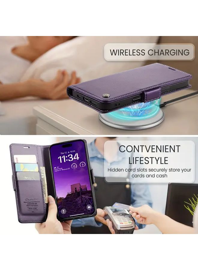 Purple RFID Blocking Leather Wallet Case For IPhone 14 Pro Max With Card Holder Kickstand - Image 4
