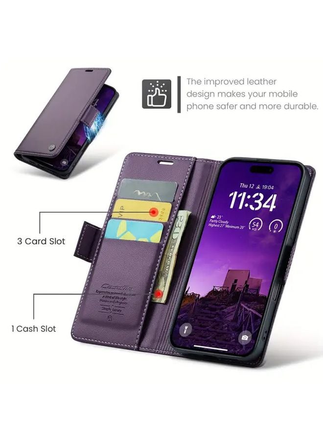 Purple RFID Blocking Leather Wallet Case For IPhone 14 Pro Max With Card Holder Kickstand - Image 3