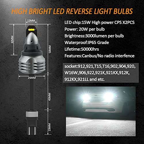 Bestview أفضل عرض مصباح LED محدث 912 921 T15 للإضاءة الخلفية، 6000 لومن ساطع W16W لمصابيح الإضاءة الخلفية، خالية من أخطاء CANBUS للسيارات والشاحنات، ساطع عالي 6000K أبيض (عبوة من 2) - Image 2