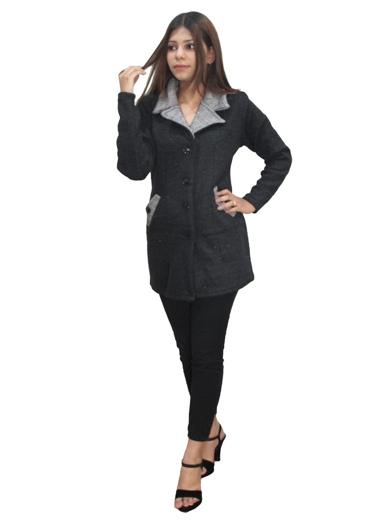 Matelco Womens Wool Standard Length Collared Coat Cardigan (IN, Alpha, L, Black) - Image 4