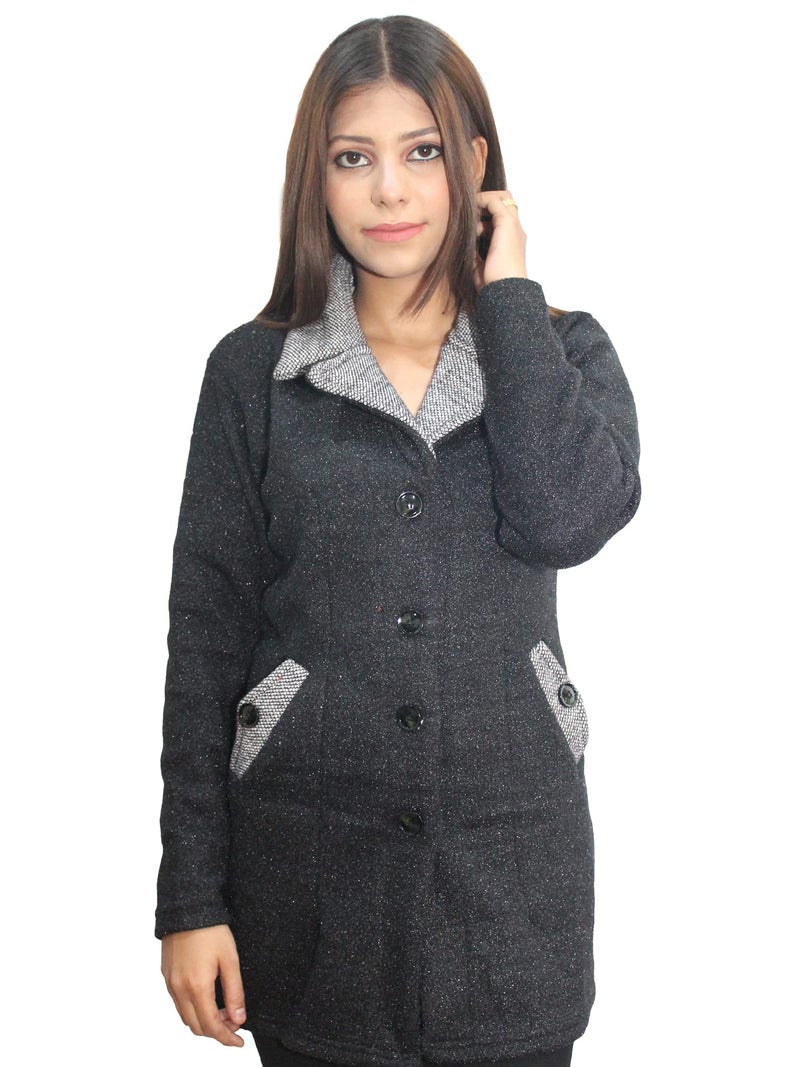 Matelco Womens Wool Standard Length Collared Coat Cardigan (IN, Alpha, L, Black) - Image 1