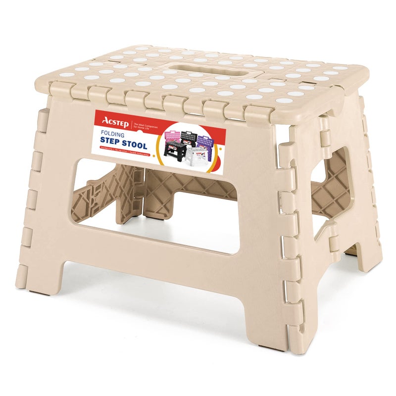 ACSTEP Folding Step Stool Lightweight Plastic Step Stool 9 Inch Foldable Step Stools Non Slip Folding Stools for Kitchen Bathroom Bedroom Khaki - Image 1