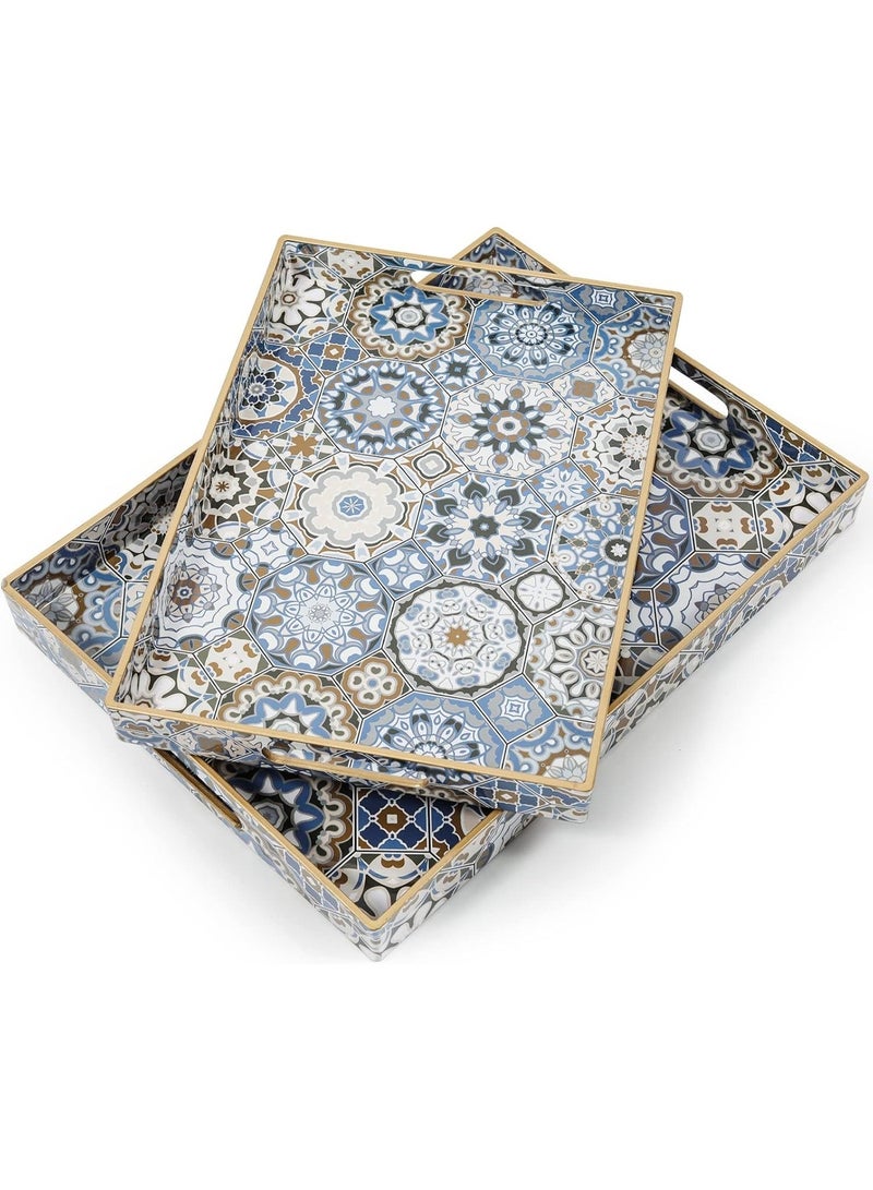 2 Pcs Bohemian Serving Tray With Handles Large Decorative Ottoman Tray For Living Room Coffee Table Blue - Image 1