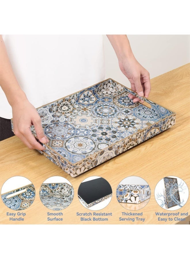 2 Pcs Bohemian Serving Tray With Handles Large Decorative Ottoman Tray For Living Room Coffee Table Blue - Image 2