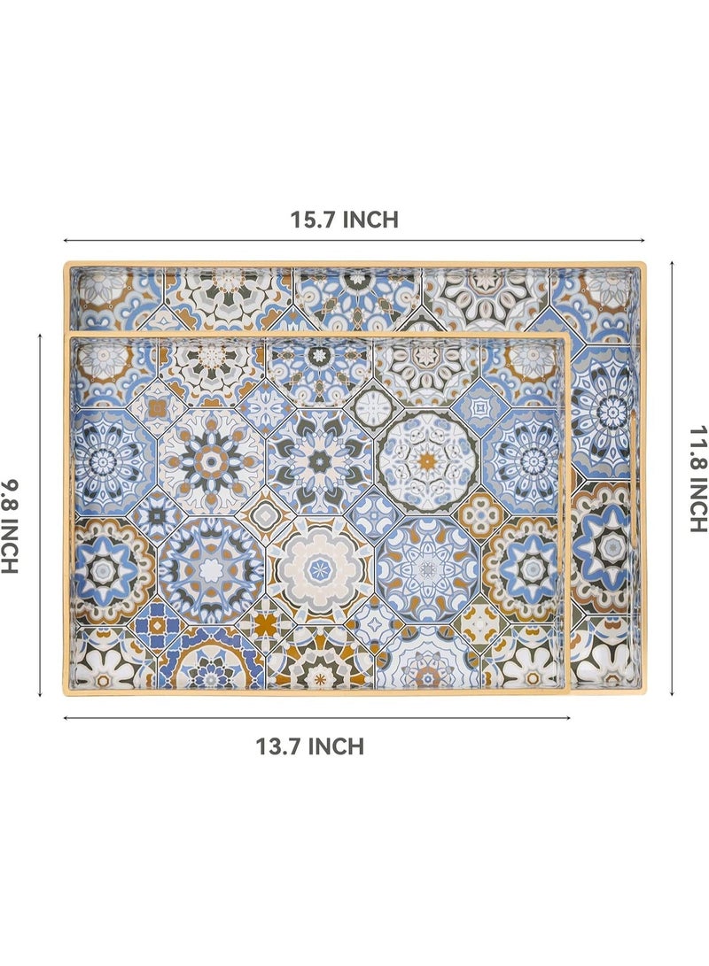 2 Pcs Bohemian Serving Tray With Handles Large Decorative Ottoman Tray For Living Room Coffee Table Blue - Image 3