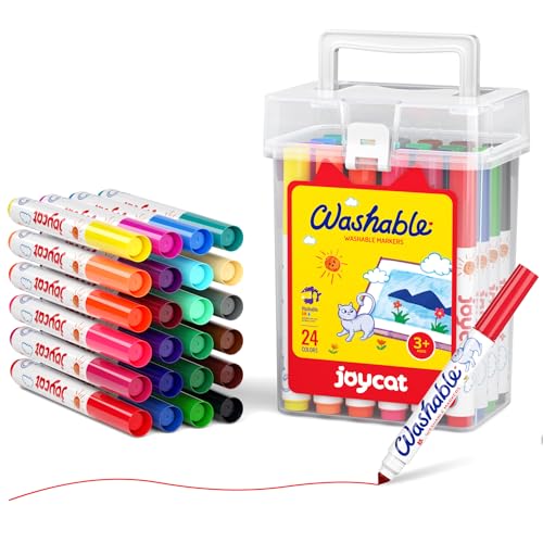 JoyCat 24 Colors Washable Markers for Kids Broad Line Art Markers with Portable Travel Case NonToxic School Art Supplies for Boys Girls Ideal for Coloring Books Classroom Projects - Image 1