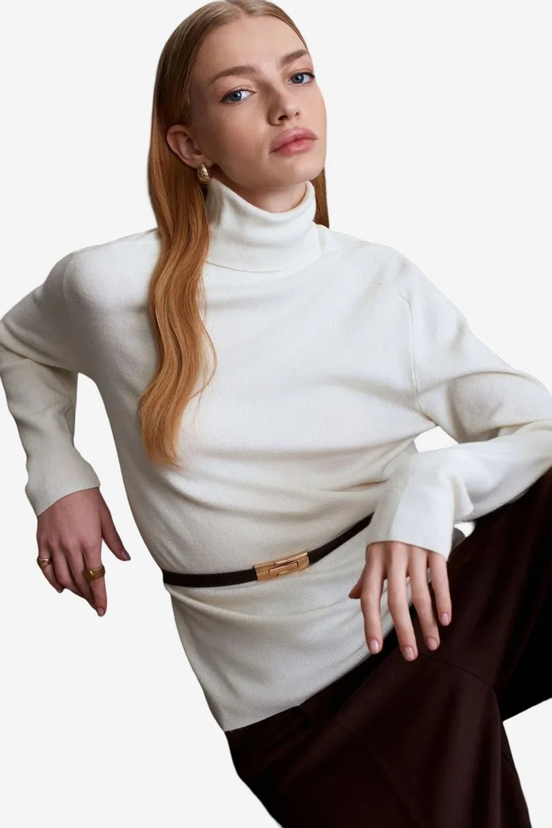 Dilvin Ivory Natural DILVIN Women's Belted Turtleneck Knit Sweater for Women | Best Price UAE