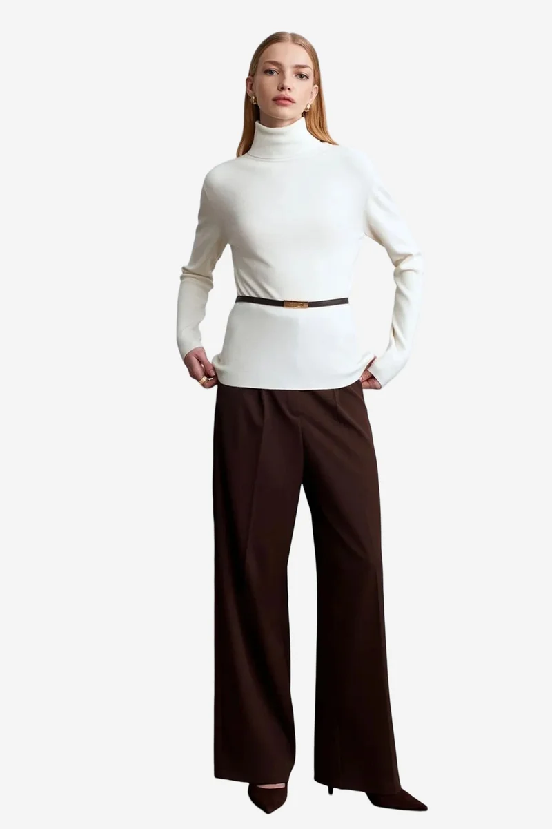 Dilvin Ivory Natural DILVIN Women's Belted Turtleneck Knit Sweater for Women | Best Price UAE