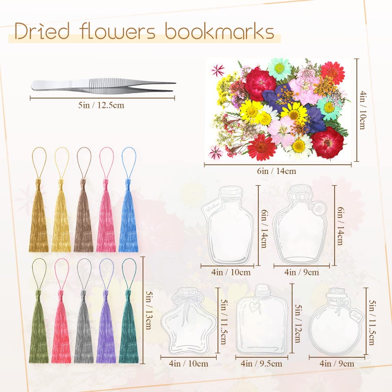 TaoBary 91 Pcs DIY Handmade Transparent Dried Flower Bookmark Set Include Butterflies Clear Bookmarks Dried Flowers Colorful Tassels and Tweezer for Book Bottle Supplies(Classic Color) - Image 3