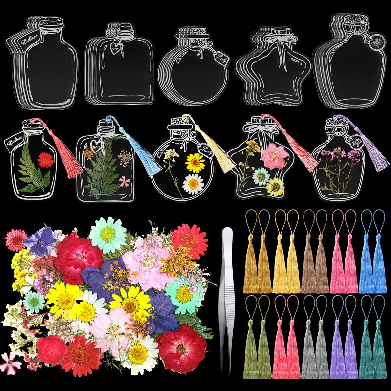 TaoBary 91 Pcs DIY Handmade Transparent Dried Flower Bookmark Set Include Butterflies Clear Bookmarks Dried Flowers Colorful Tassels and Tweezer for Book Bottle Supplies(Classic Color) - Image 1