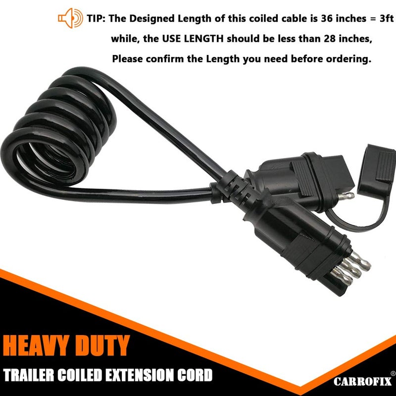 CARROFIX Trailer 4-Wire Flat Extension Harness 28" Flexible Coiled Cable with 4 Pin Connectors - Image 2