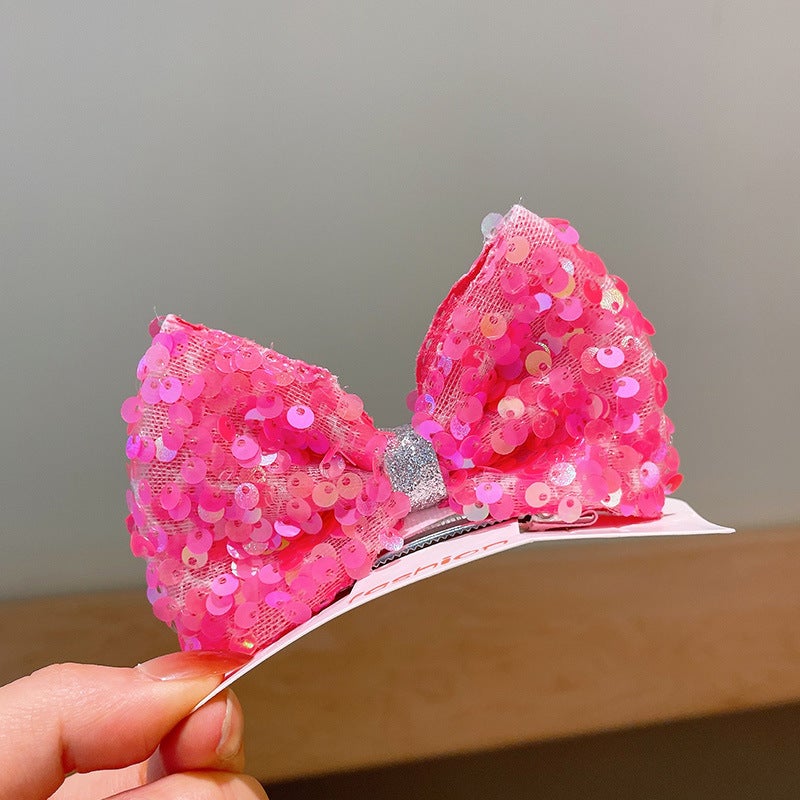 Generic Childrens color sequins three-dimensional bow hair clip cloth does not hurt hair little girl cute princess top clip hair accessories 4# Rose Red