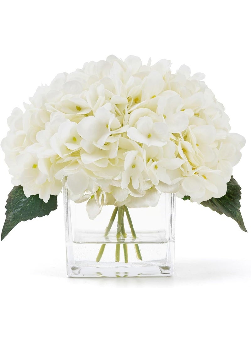 Hydrangea Tulip Flowers in Vase, Artificial Flowers with Vase, Silk Hydrangea Tulip Flower Faux Flowers in Vase Centerpiece Table Decor for Dining Room Decoration (White) - Image 1