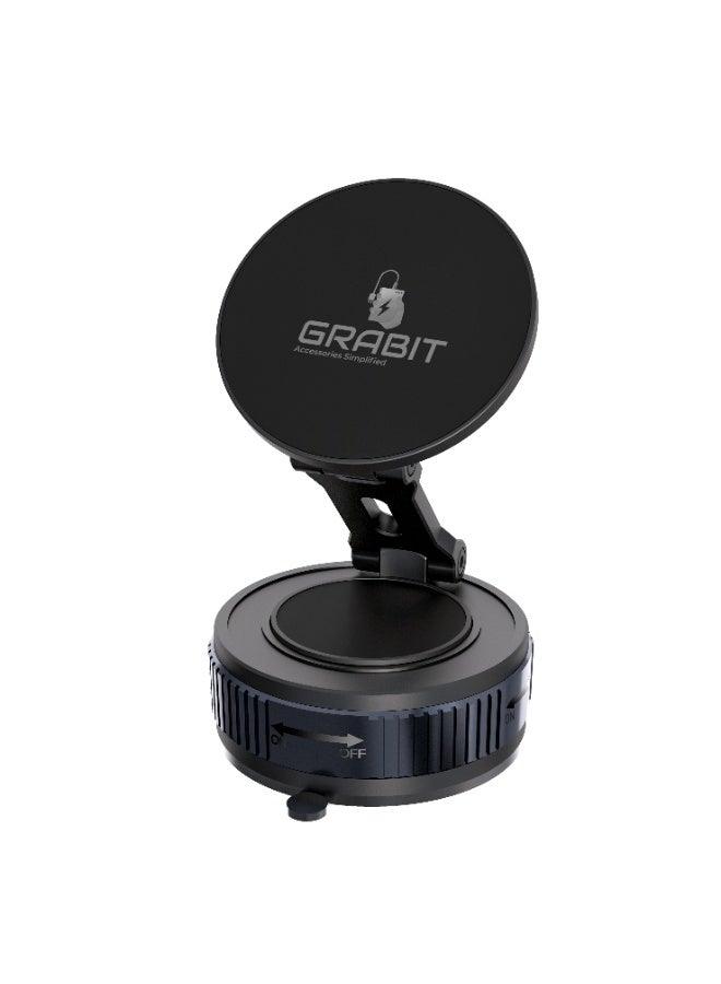 GRABIT Latest Magnetic Phone Holder, 360° Rotatable Car Phone Stand for MagSafe, Car Mount with Strong Vacuum Suction Cup & Retractable Arm, Mini Car Stand with Magnetic Ring for all Smartphone