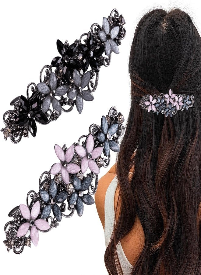 Melodio 2Pcs Floral Hair Clips for Women - Elegant Black & Pink Barrette Hair Accessories, Sparkling Flower Design Non-Slip Hair Clutcher - Image 2