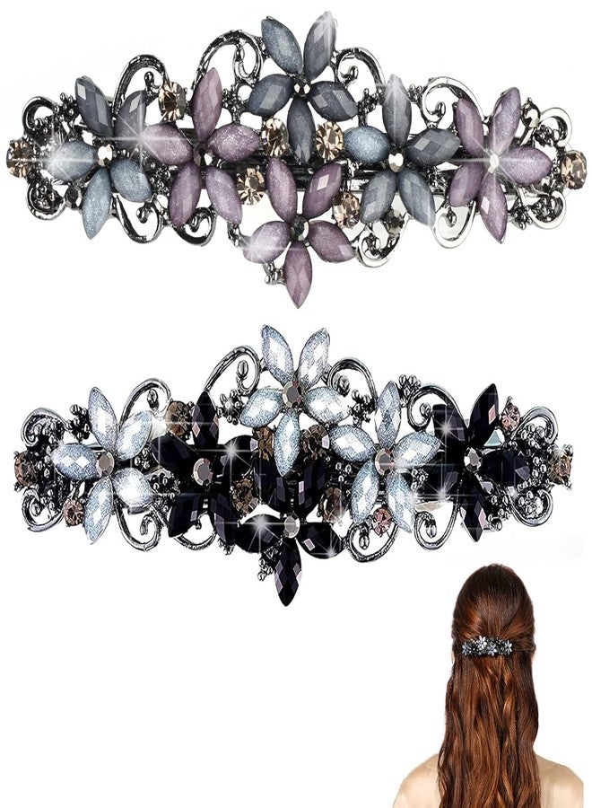 Melodio 2Pcs Floral Hair Clips for Women - Elegant Black & Pink Barrette Hair Accessories, Sparkling Flower Design Non-Slip Hair Clutcher - Image 1