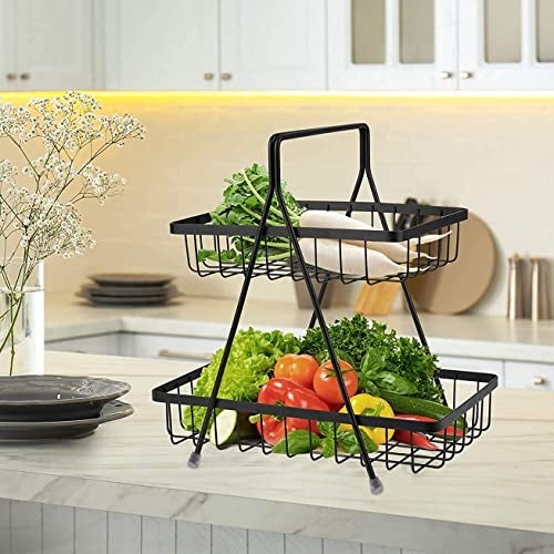 Homeor Counter Top 2-Tier Fruit & Vegetable Basket For Dining Table, Centre Table I Metal Fruit Bowl or Bread Vegetables Storage Organizer Holder I Multi-Purpose Basket for Kitchen & Home, Black - Image 5