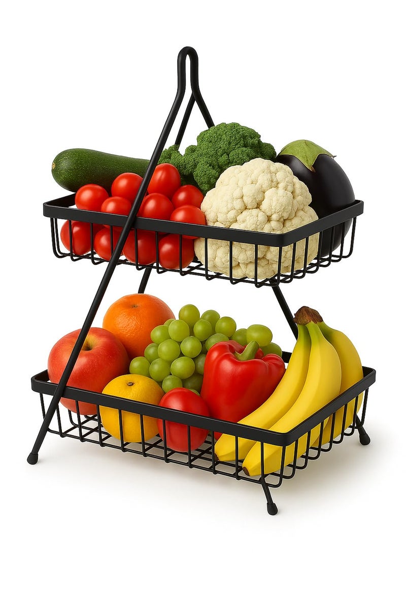 Homeor Counter Top 2-Tier Fruit & Vegetable Basket For Dining Table, Centre Table I Metal Fruit Bowl or Bread Vegetables Storage Organizer Holder I Multi-Purpose Basket for Kitchen & Home, Black - Image 2