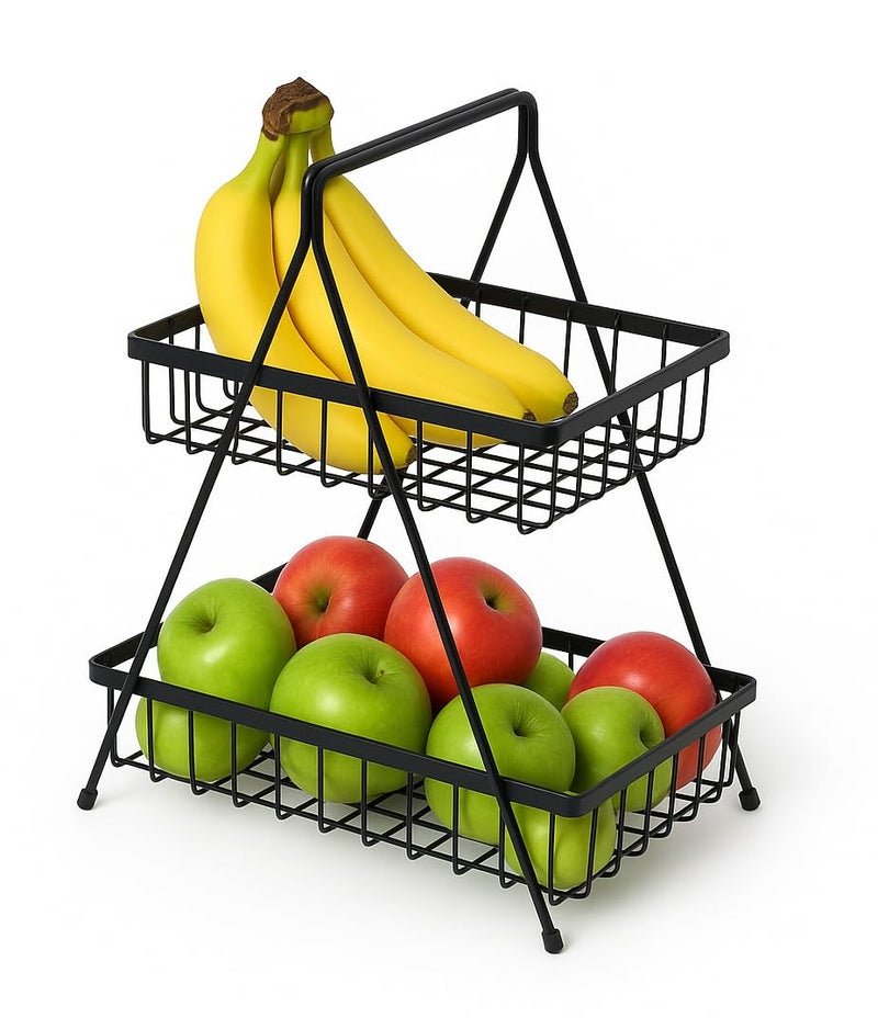 Homeor Counter Top 2-Tier Fruit & Vegetable Basket For Dining Table, Centre Table I Metal Fruit Bowl or Bread Vegetables Storage Organizer Holder I Multi-Purpose Basket for Kitchen & Home, Black - Image 1