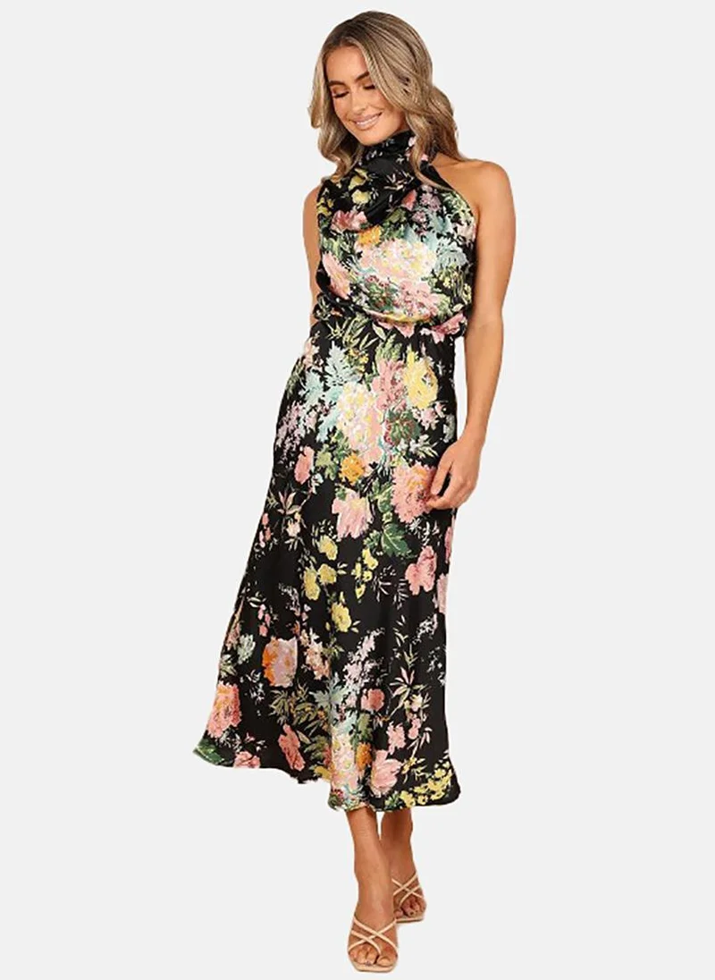 YUNIQEE Black Floral Printed Halter Neck Maxi Dress