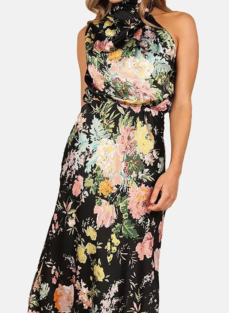 YUNIQEE Black Floral Printed Halter Neck Maxi Dress