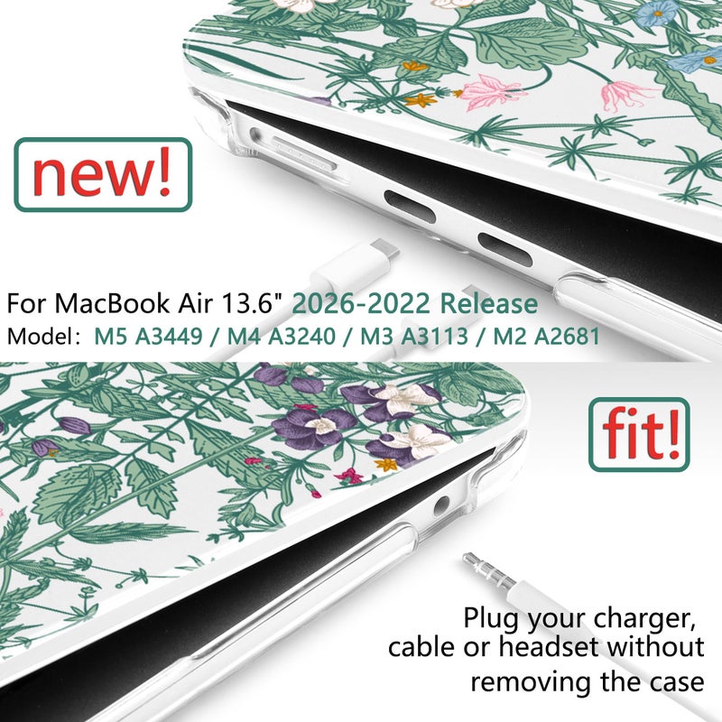 TWOLSKOO for MacBook Air 13 inch Case M5 2026 M4 2025 M3 M2 2024-2022 A3449 A3240 A3113 A2681, Plastic Hard Shell & Keyboard Cover & Screen Film for MacBook Air 13.6 inch Case, Botanical Illustration - Image 2