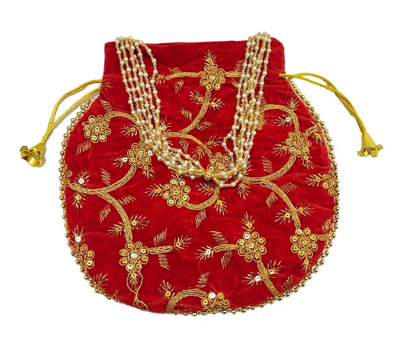 ATHZ Potli Bag Velvet Golden Work Wedding Potli for Ladies Women Handbags Traditional Indian Wristlet with Drawstring Ethnic Embroidery Women Fashion Gold Red - Image 3