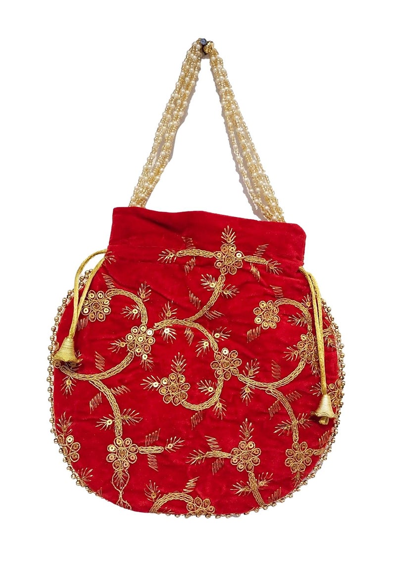 ATHZ Potli Bag Velvet Golden Work Wedding Potli for Ladies Women Handbags Traditional Indian Wristlet with Drawstring Ethnic Embroidery Women Fashion Gold Red - Image 4