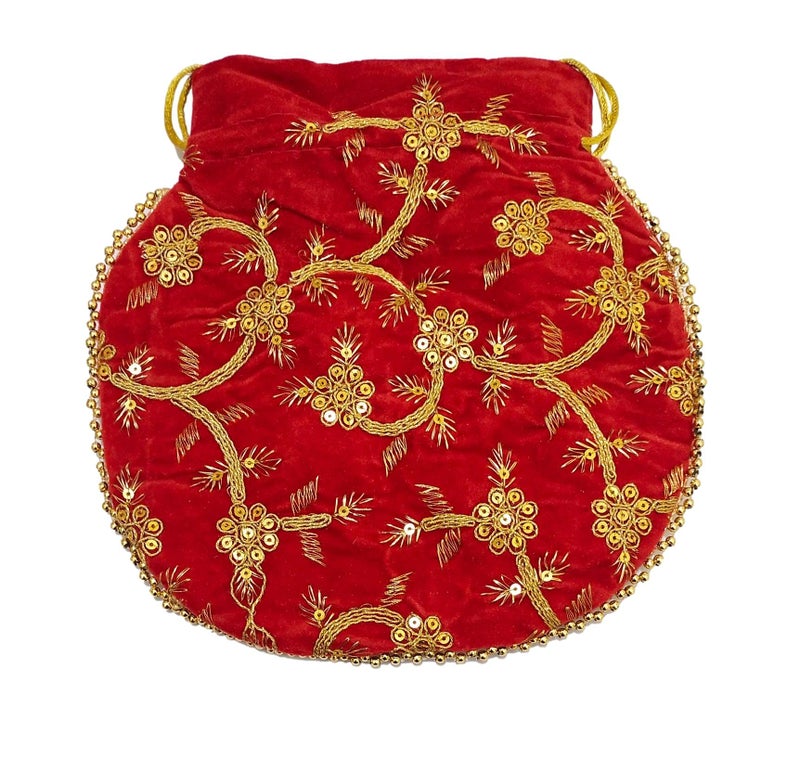 ATHZ Potli Bag Velvet Golden Work Wedding Potli for Ladies Women Handbags Traditional Indian Wristlet with Drawstring Ethnic Embroidery Women Fashion Gold Red - Image 2