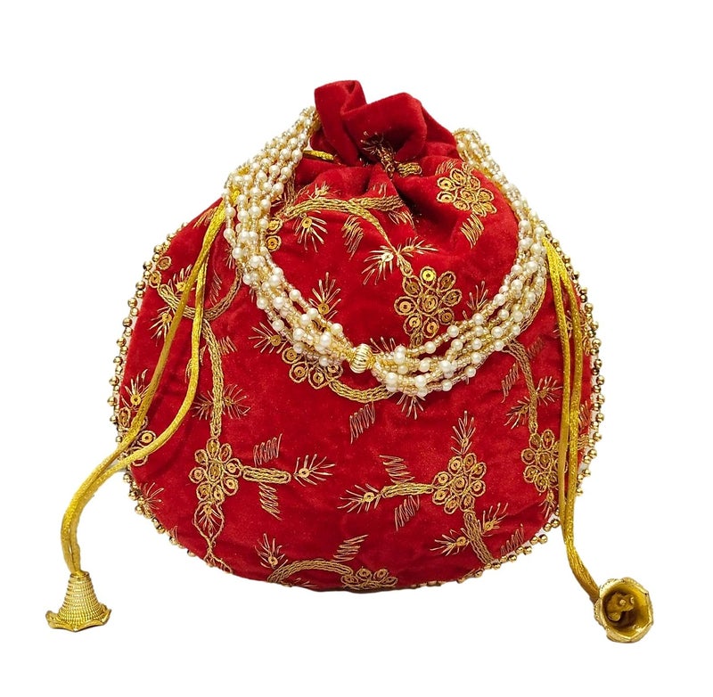 ATHZ Potli Bag Velvet Golden Work Wedding Potli for Ladies Women Handbags Traditional Indian Wristlet with Drawstring Ethnic Embroidery Women Fashion Gold Red - Image 1