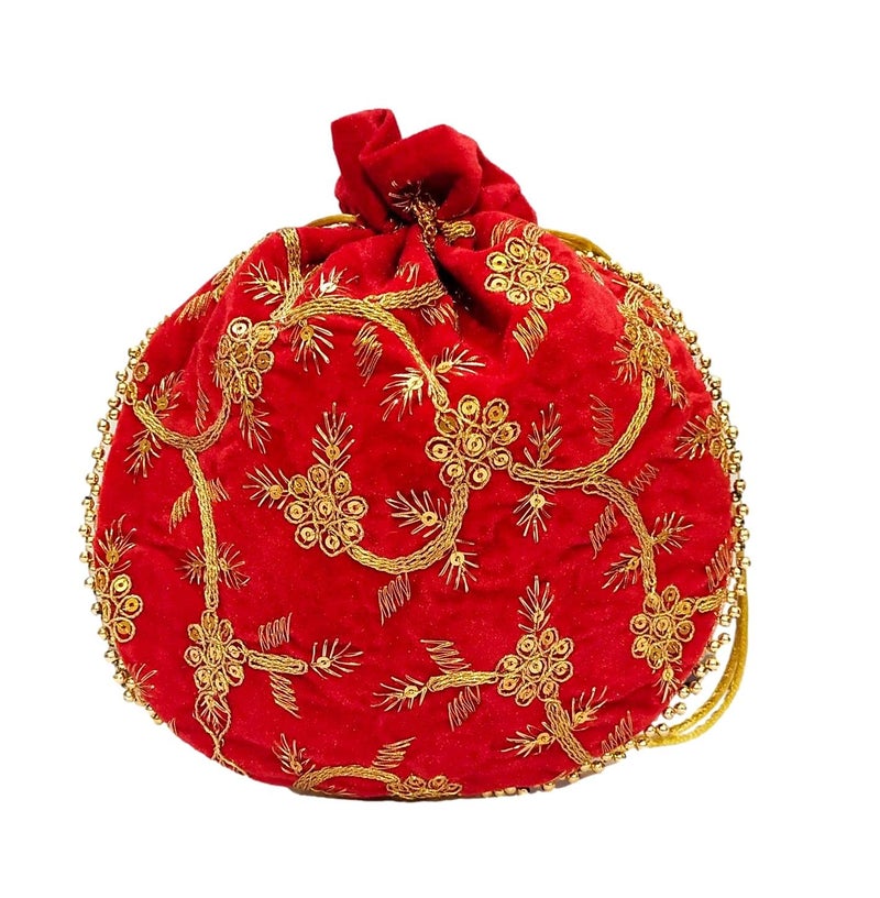 ATHZ Potli Bag Velvet Golden Work Wedding Potli for Ladies Women Handbags Traditional Indian Wristlet with Drawstring Ethnic Embroidery Women Fashion Gold Red - Image 5