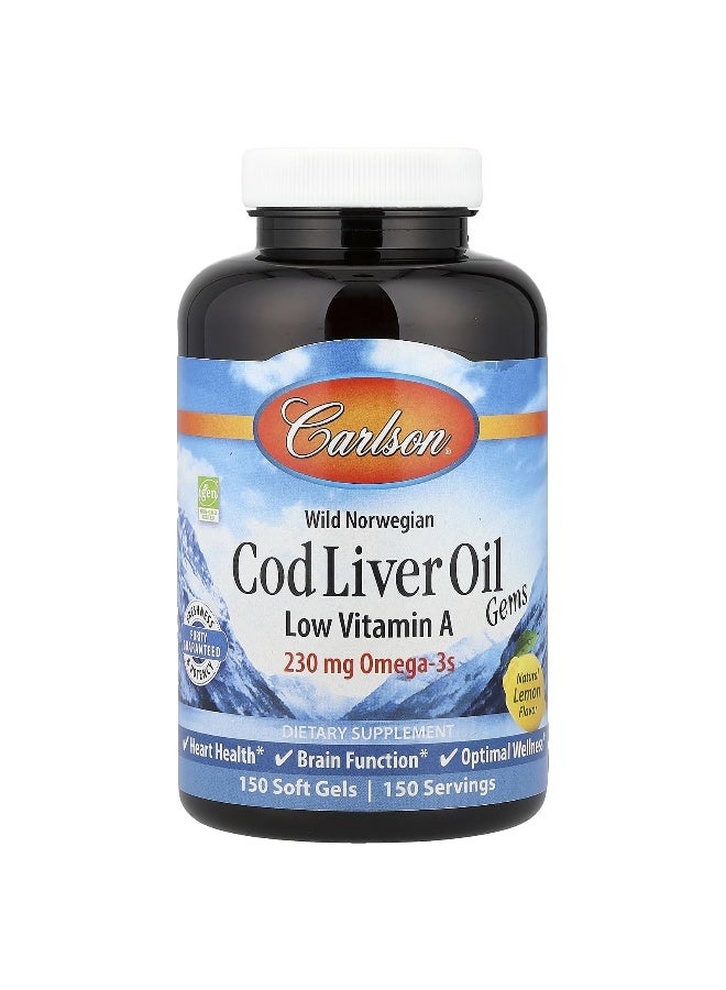 Carlson Carlson, Wild Norwegian, Cod Liver Oil Gems, Low Vitamin A, Natural Lemon, 150 Soft Gels  - Image 1