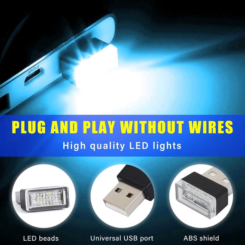 Augeny مصباح أجواء داخلي للسيارة من Augeny، مكون من 4 قطع، بتقنية LED ومتصل بالUSB، يمكن استخدامه كضوء ليلي للزينة، عبارة عن مجموعة إضاءة محمولة للسيارات، مناسبة لمعظم أنواع السيارات (لون أزرق جليدي). - Image 3