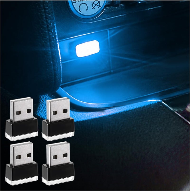 Augeny مصباح أجواء داخلي للسيارة من Augeny، مكون من 4 قطع، بتقنية LED ومتصل بالUSB، يمكن استخدامه كضوء ليلي للزينة، عبارة عن مجموعة إضاءة محمولة للسيارات، مناسبة لمعظم أنواع السيارات (لون أزرق جليدي). - Image 1