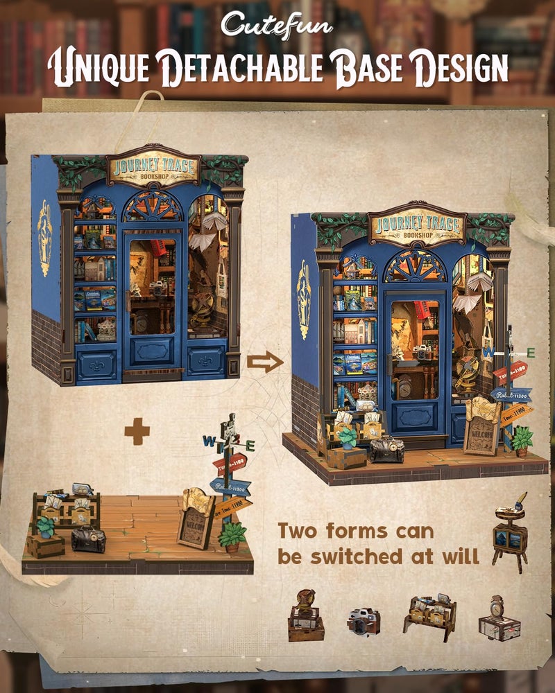 Cutefun Book Nook Kit - DIY Miniature Dollhouse Booknook Kit for Adults and Teens, Tiny House Bookshelf Insert Decor with LED Light, Gifts for Family and Friends (Journey Trace Bookshop) - Image 5