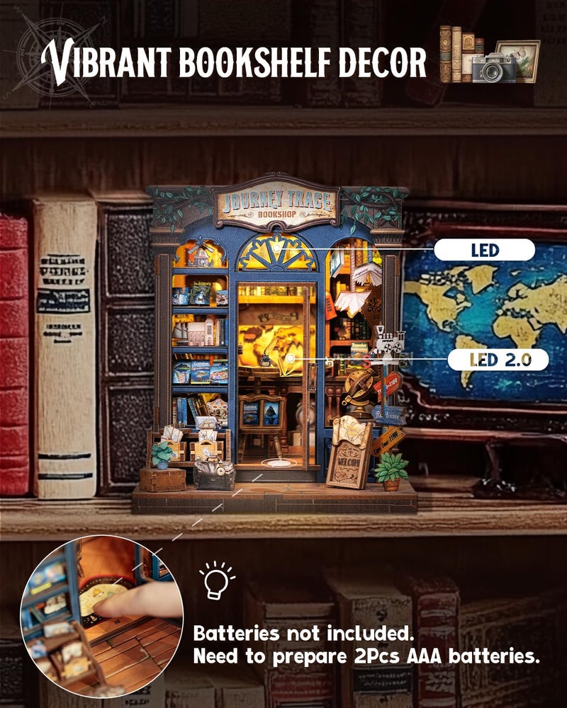 Cutefun Book Nook Kit - DIY Miniature Dollhouse Booknook Kit for Adults and Teens, Tiny House Bookshelf Insert Decor with LED Light, Gifts for Family and Friends (Journey Trace Bookshop) - Image 2